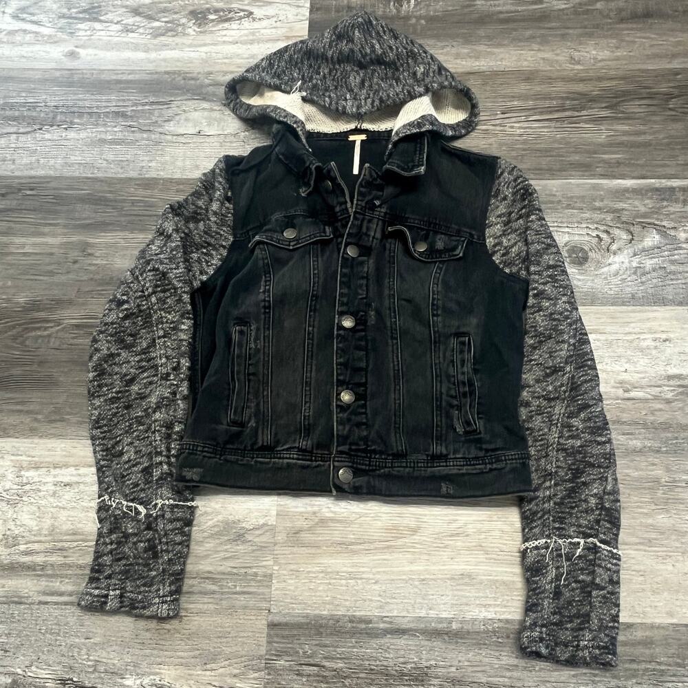 Free People Two Toned Black Gray Women S Grunge Hooded Knit Denim Trucker Jacket